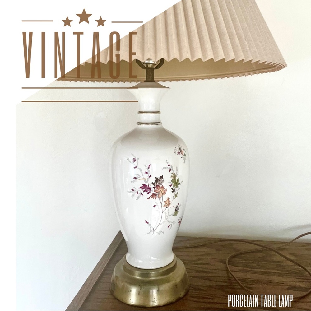 Vintage Porcelain Floral Table Lamp with Beige Shade